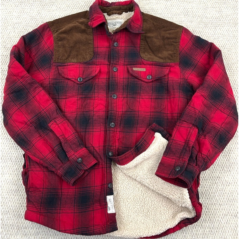 Field & Stream Shacket Men Small Red Plaid Flannel Shirt Jacket Sherpa Lined